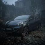 Abandoned black Renault car locked with chains and padlocks in an overgrown courtyard